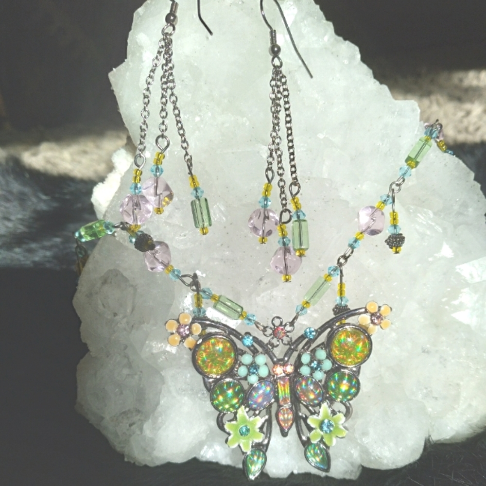 Vibrant Crystal Rainbow Butterfly Pendant Necklace with matching Earrings Set 🌈